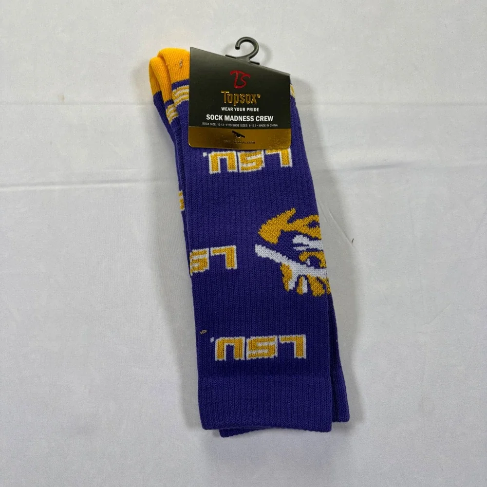 Topsox LSU Tigers Sock Madness Crew Purple Gold Athletic Socks Mens 6-12.5 NEW